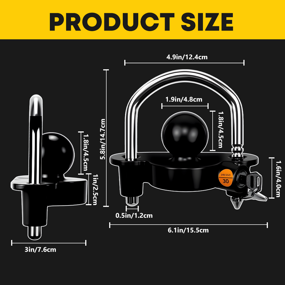 Vypart trailer hitch security lock set with black u-shaped ball hitch lock, 1/2" and 5/8" receiver hitch pin lock