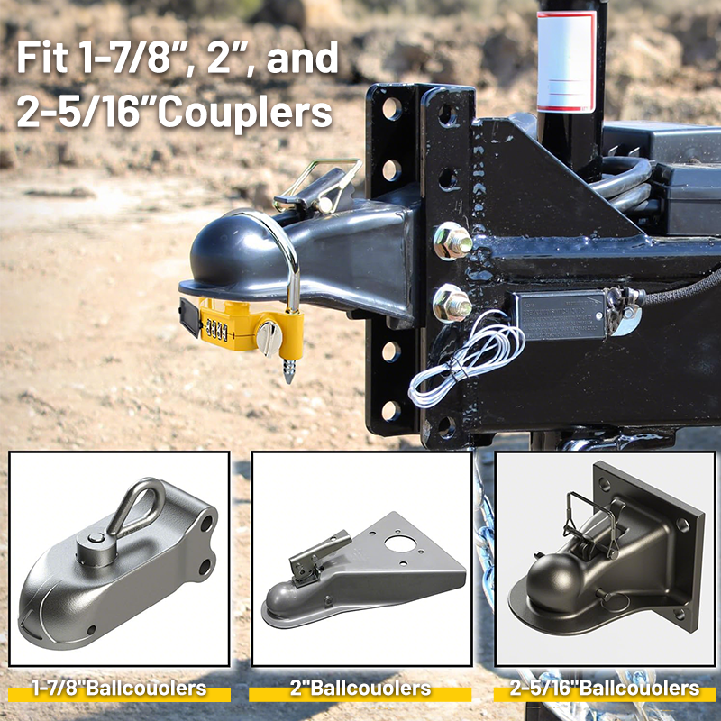 Vypart yellow universal trailer hitch lock with combination - heavy-duty steel tow ball coupler for 1-7/8”, 2”, 2-5/16” - secure against broken ordinary locks