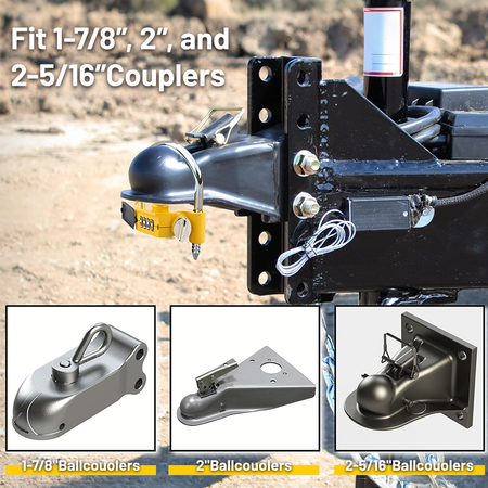 Vypart yellow universal trailer hitch lock with combination - heavy-duty steel tow ball coupler for 1-7/8”, 2”, 2-5/16” - secure against broken ordinary locks