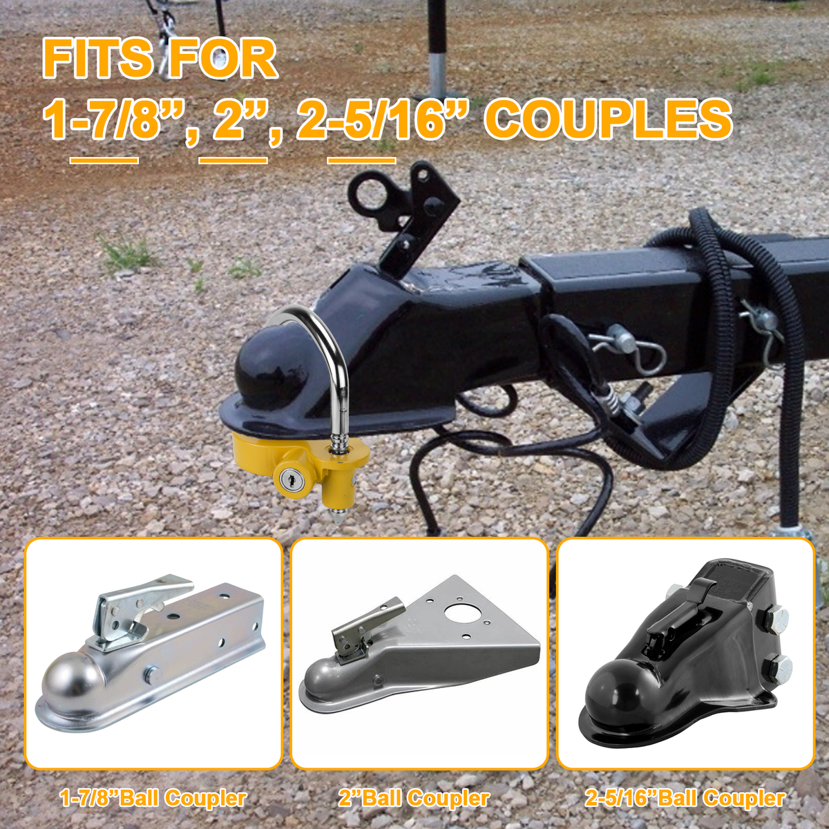 Vypart yellow security lock universal adapter with 2 keys fits 1-7/8 in. to 2-5/16 in for car and trailer couplers use