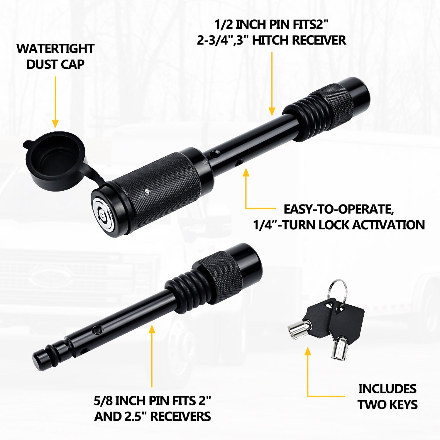 Vypart locking hitch pin with 1/2" and 5/8" diameter for class I,II,III,IV,V receivers, rust-resistant iron construction, salt and moisture protection