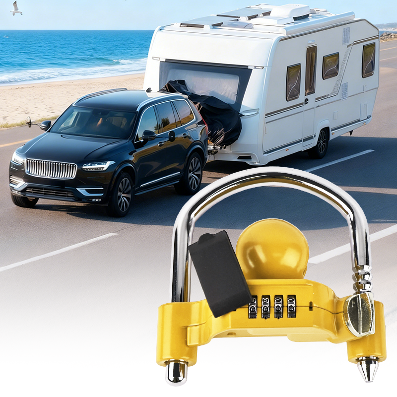 Vypart yellow universal trailer hitch lock with combination - heavy-duty steel tow ball coupler for 1-7/8”, 2”, 2-5/16” - secure against broken ordinary locks