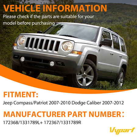 Vypart Front Quick Complete Struts Shocks Absorbers 172367 172368 (Set of 2) Fit for Jeep Compass/Patriot 2007-2010 Dodge Caliber 2.0L L4 2007-2012 Suspension Kit