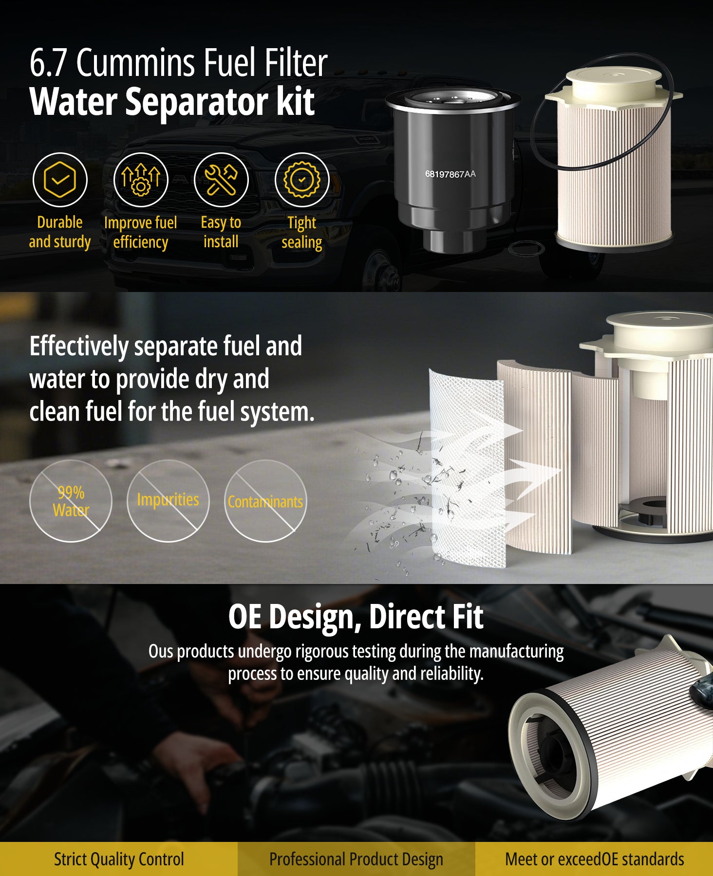 6.7 Cummins Fuel Filter Water Separator Kit 68157291AA 68197867AA for 2013-2018 Ram 2500 3500 4500 5500 - OE Direct Fit, Multi-Layer Filter Media, Durable and Easy to Install