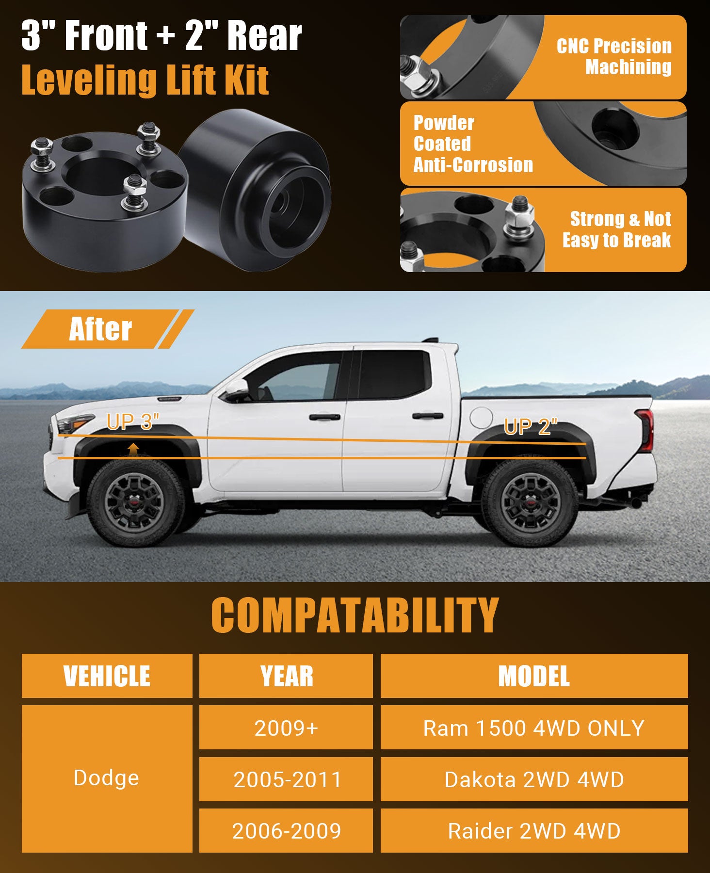 Designed to fix the factory nose‑down stance, this kit levels your pickup, increases ground clearance and makes room for larger off‑road tires for better off‑road performance and bold appearance. CNC‑machined aircraft‑grade aluminum with black powder coating provides solid rust and corrosion resistance. Equipped with grade 12.9 high‑tensile bolts, it stays stable without loosening or cracking on rough roads. 