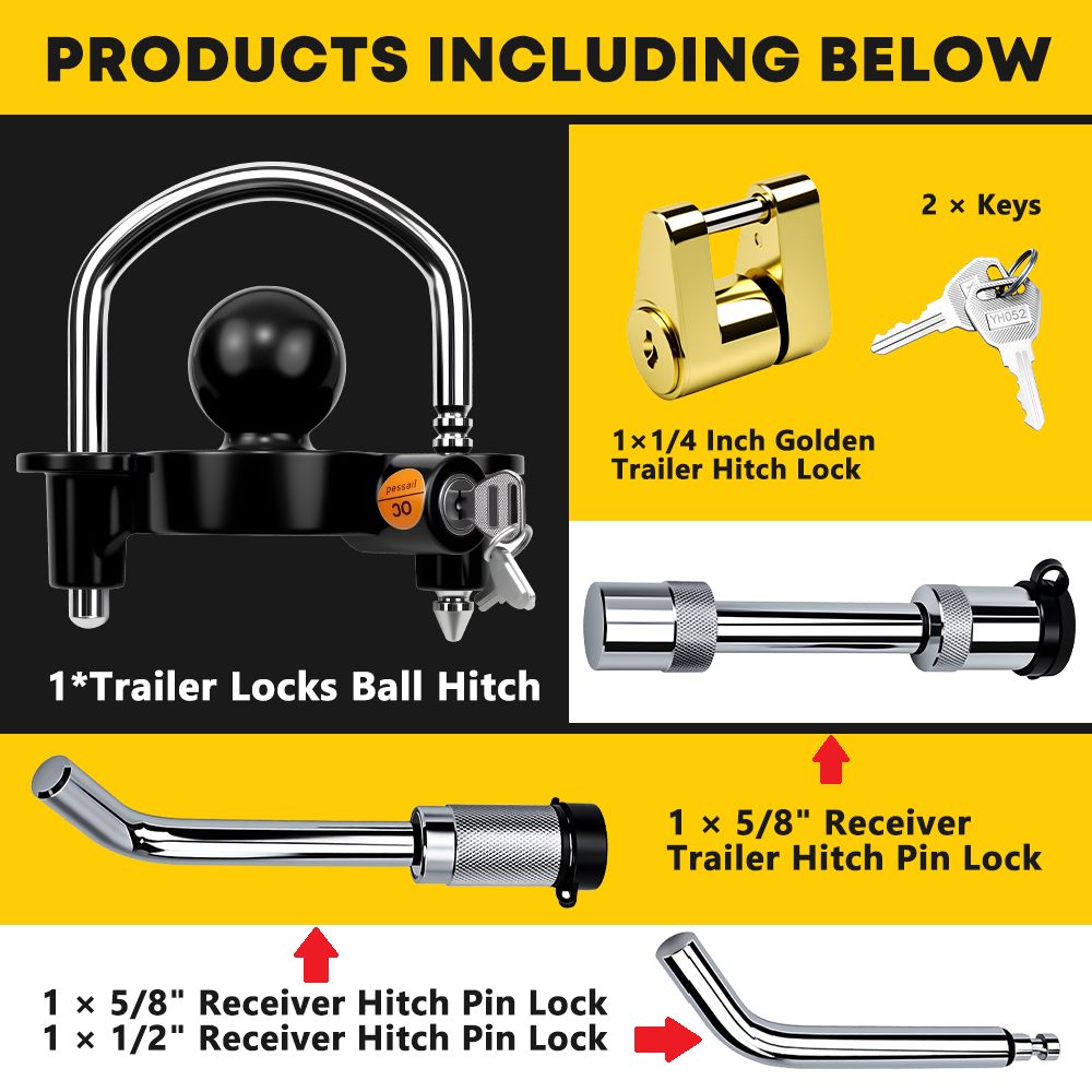 Side-by-side comparison of Vypart 1/2" and 5/8" receiver hitch pin locks, demonstrating size difference and universal fit
