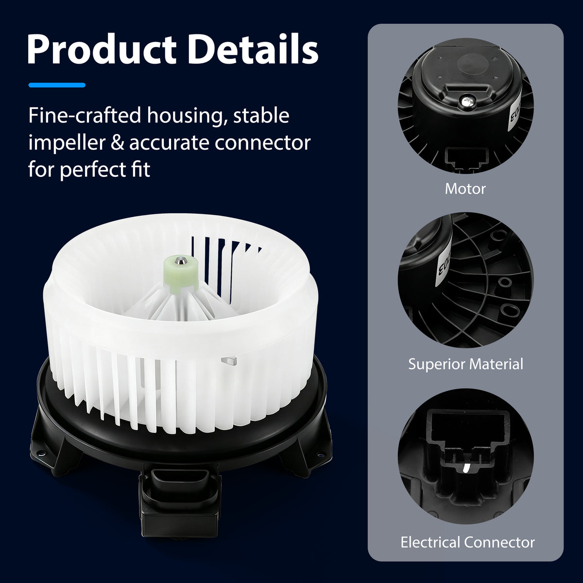 Vypart 700203 HVAC blower motor product details showing motor housing, durable impeller, and 2-pin electrical connector

