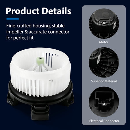 Vypart 700203 HVAC blower motor product details showing motor housing, durable impeller, and 2-pin electrical connector
