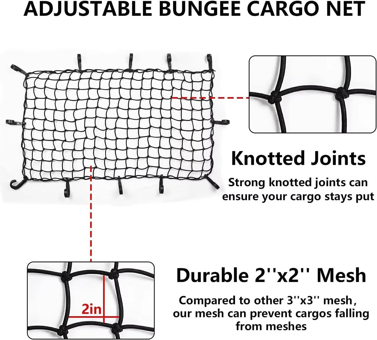 Close-up detail of the 2x2 small mesh and durable hook on the Vypart cargo net