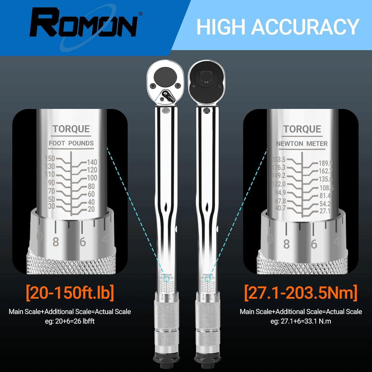 Laser-etched dual scale on a torque wrench, showing precision markings from 27.1 to 203.5 N.m and 20 to 150 ft.lb