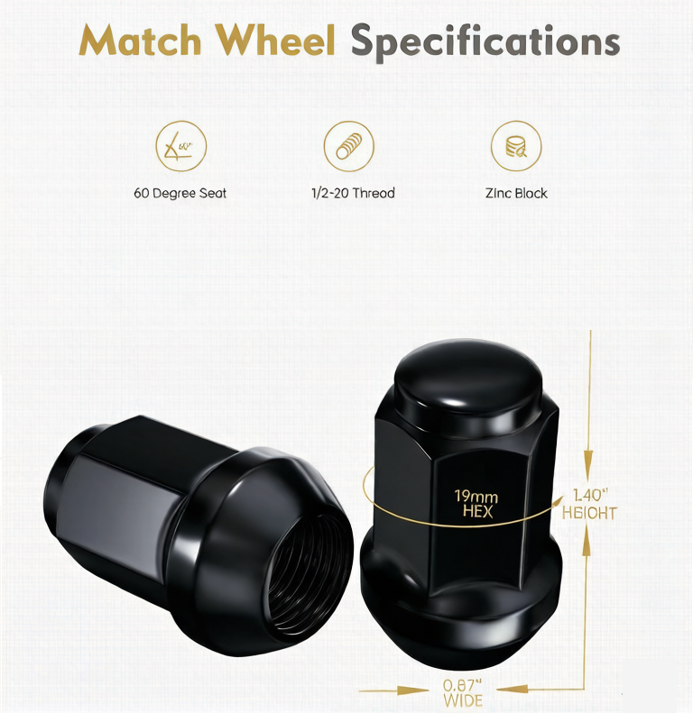 close-up detail of a single Vypart 1/2-20 black closed end solid lug nut showing hexagonal head