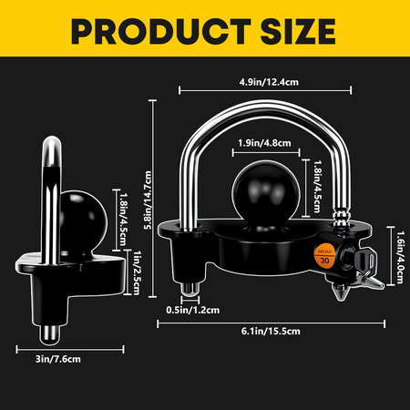 Close-up of Vypart black U-shaped ball hitch lock, showing heavy-duty steel construction and keyhole