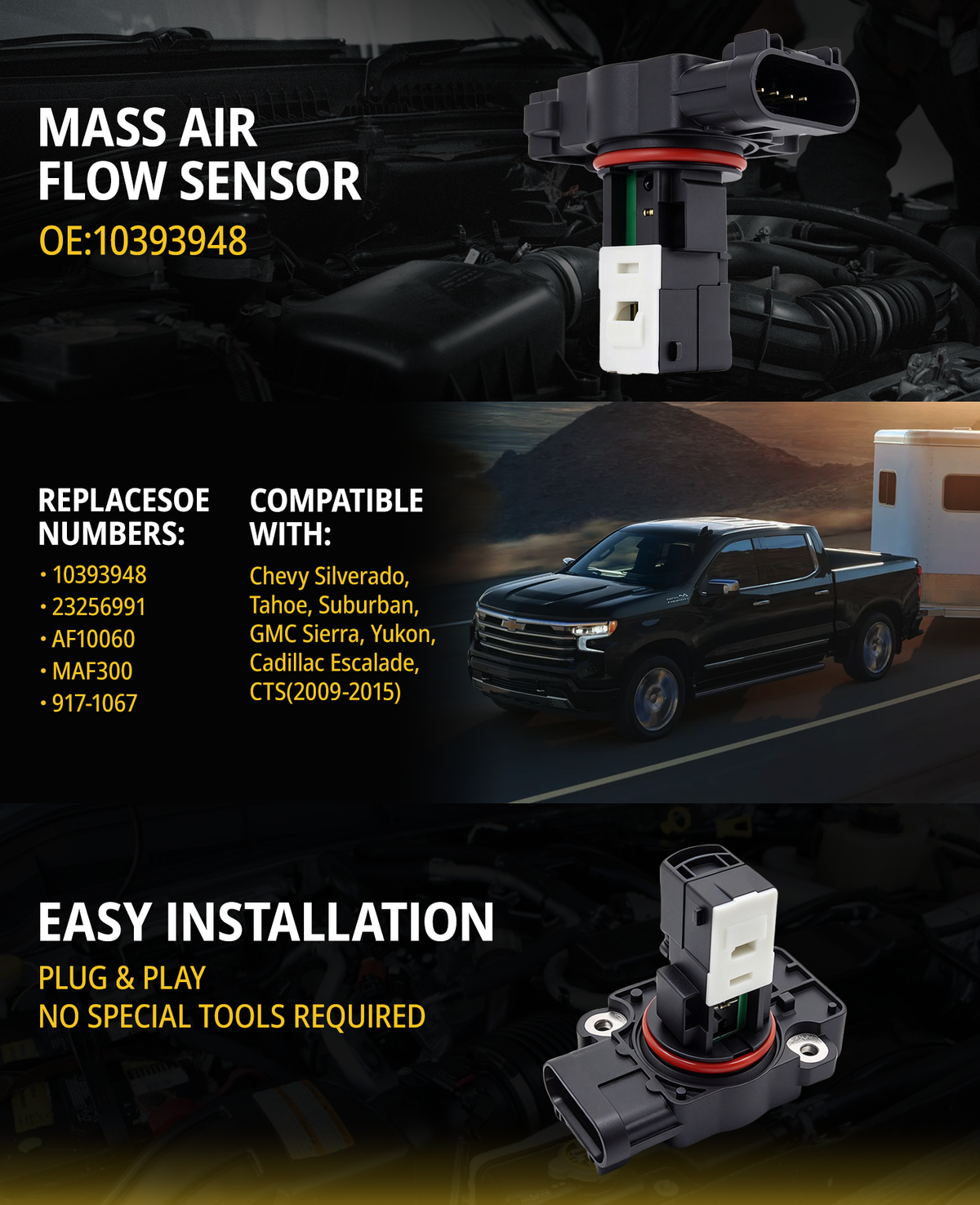 Vypart 10393948 mass air flow sensor overview with replacement numbers and installation illustration