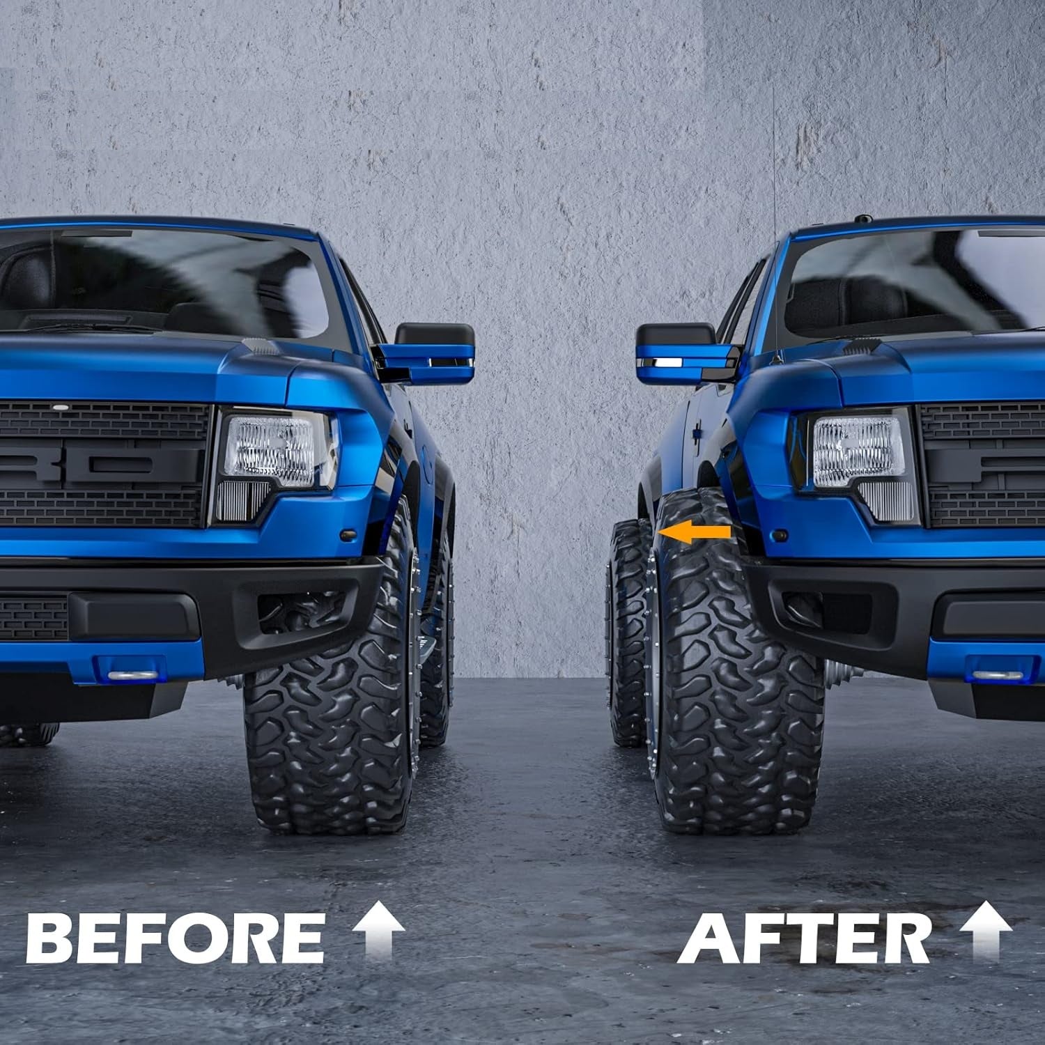 Visual comparison showing the improved wheel stance and flush fitment on a Ford F150 truck after installing 1.5-inch wheel spacers