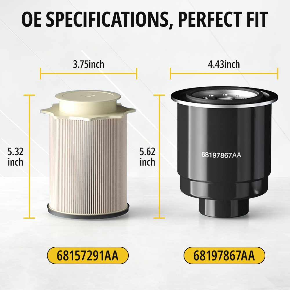 OE specification dimensions for fuel filter 68157291AA (3.75x5.32 in) and water separator 68197867AA (4.43x5.62 in) for Ram Cummins