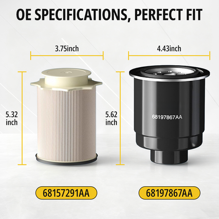 OE specification dimensions for fuel filter 68157291AA (3.75x5.32 in) and water separator 68197867AA (4.43x5.62 in) for Ram Cummins