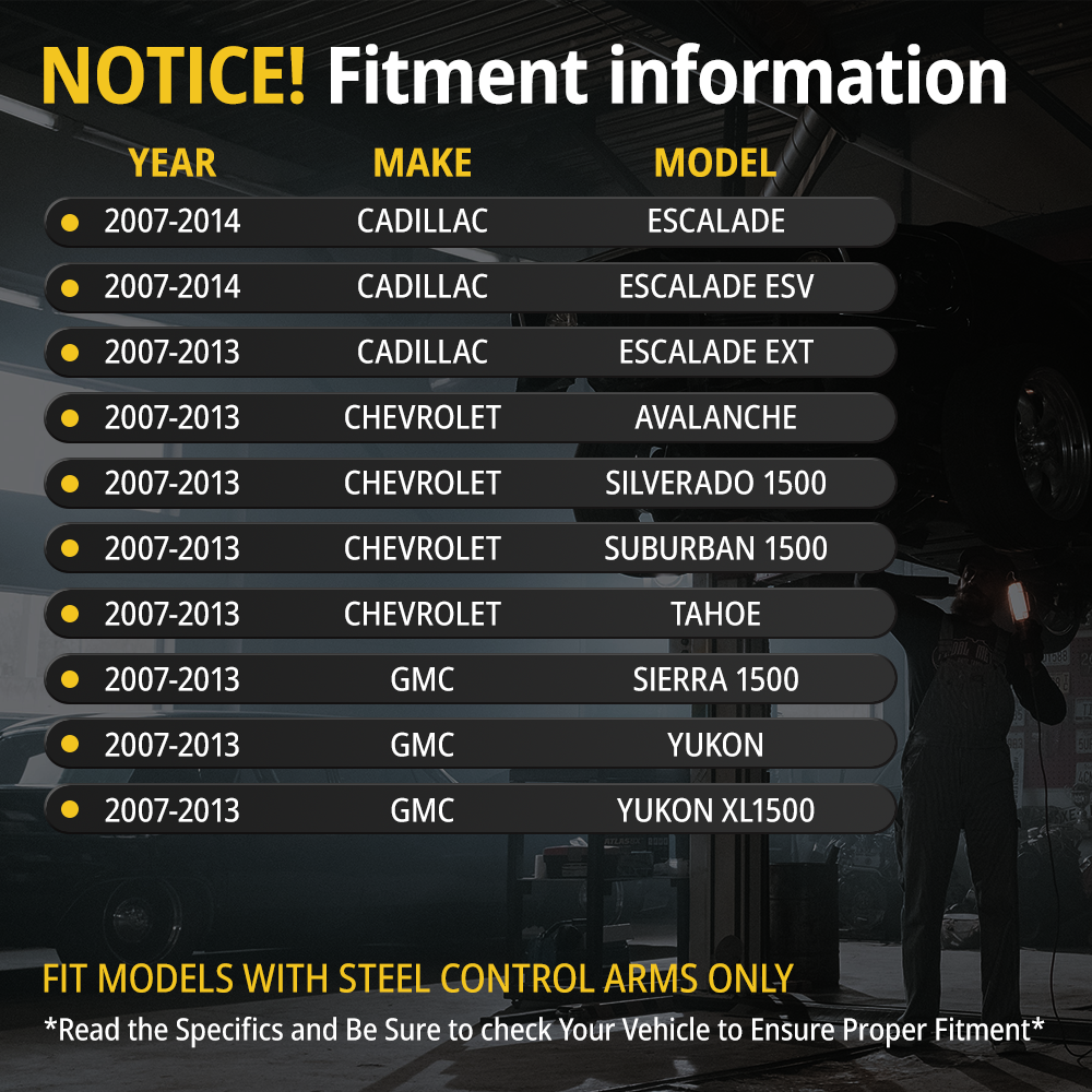 Vehicle compatibility guide for 2007-2016 Silverado, Sierra, Tahoe, and Yukon 6-lug steel control arm models