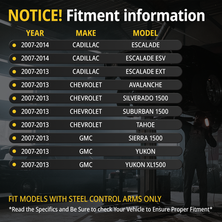 Vehicle compatibility guide for 2007-2016 Silverado, Sierra, Tahoe, and Yukon 6-lug steel control arm models