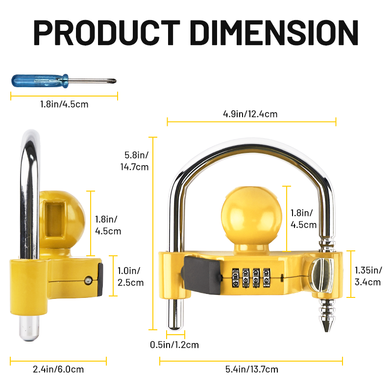 Compatibility chart for Vypart hitch lock fitting 1-7/8", 2", and 2-5/16" coupler sizes with measurements
