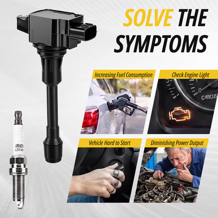 Four UF549 ignition coils and four 9029 spark plugs ready for installation on compatible Nissan 1.8L and 2.5L L4 engines