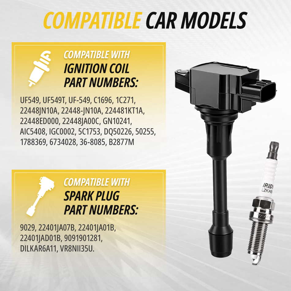 UF549 ignition coil pack featuring a molded connector and insulated boot, direct replacement for Nissan Altima and Rogue 2.5L
