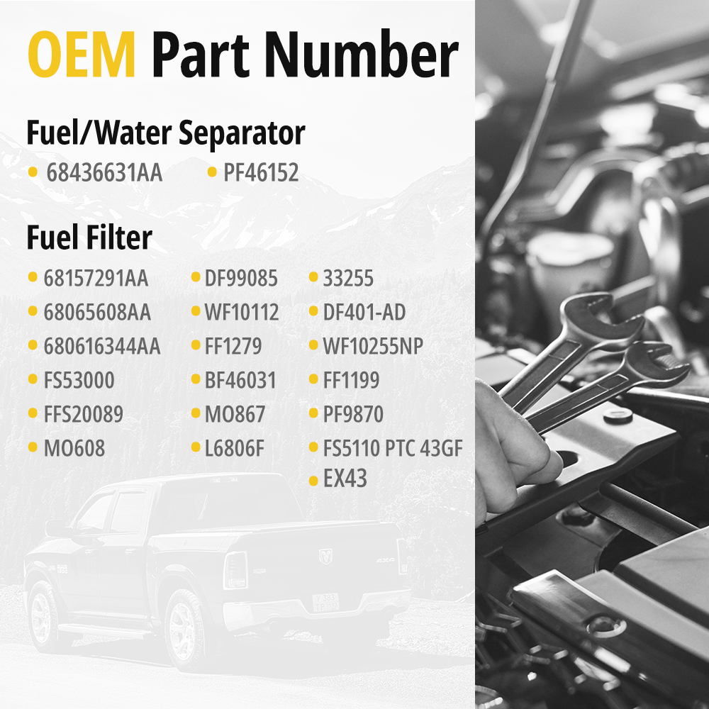 OEM Part Number Cross Reference Chart for 68157291AA Fuel Filter and 68436631AA Water Separator - 6.7L Cummins Ram Diesel Replacement