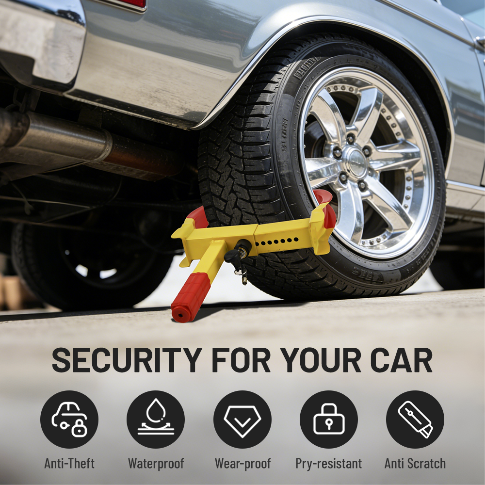 Vypart universal wheel clamp stored compactly in a vehicle trunk, demonstrating portability
