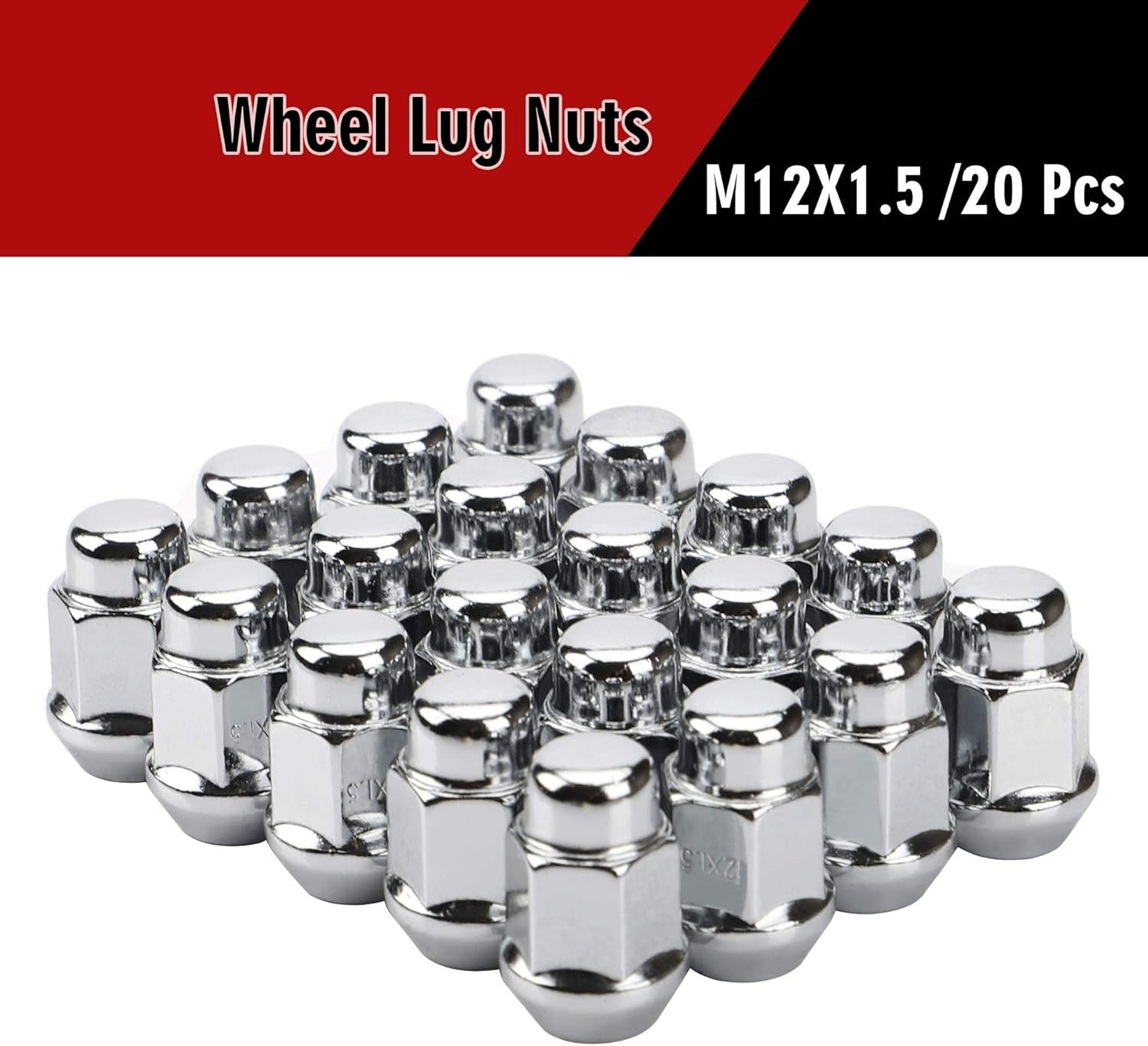 Full set of 20 Vypart chrome bulge acorn lug nuts laid out with product packaging