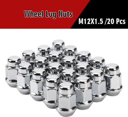 Full set of 20 Vypart chrome bulge acorn lug nuts laid out with product packaging