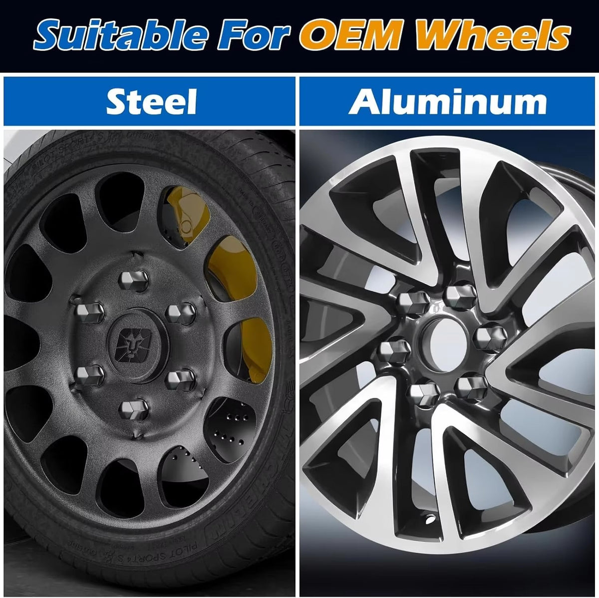 Full set of 24 Vypart OEM chrome lug nuts laid out with product packaging