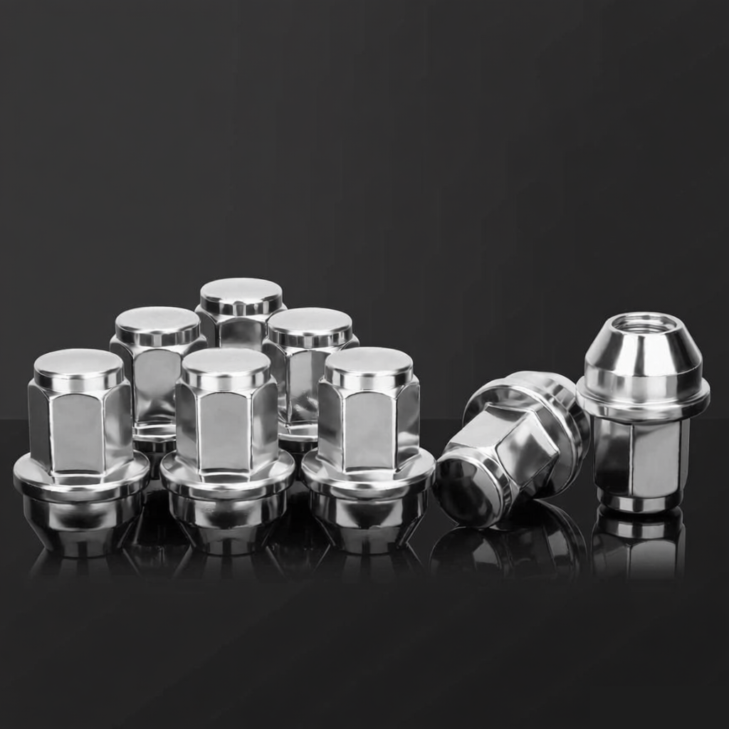 Close-up detail of the M14x1.5 thread pitch on a Vypart chrome lug nut