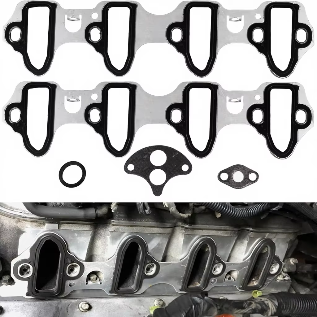 Professional installation of Vypart intake manifold gasket using alignment tabs on engine block