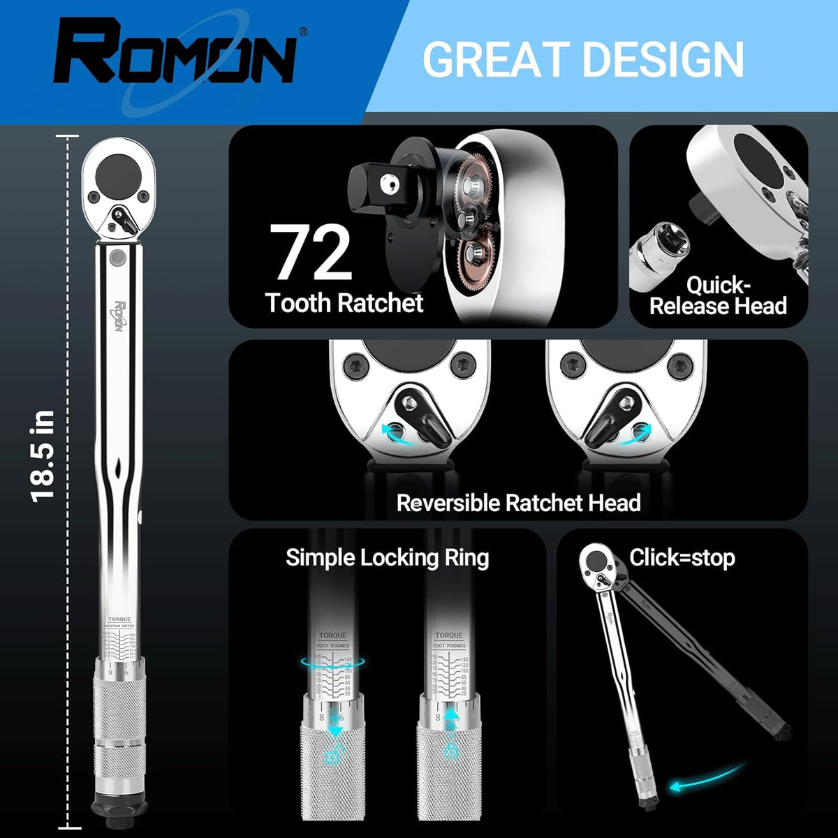 Five-piece chrome vanadium socket set with a 1/2-inch drive, compatible with the click torque wrench