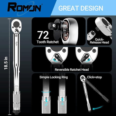 Five-piece chrome vanadium socket set with a 1/2-inch drive, compatible with the click torque wrench
