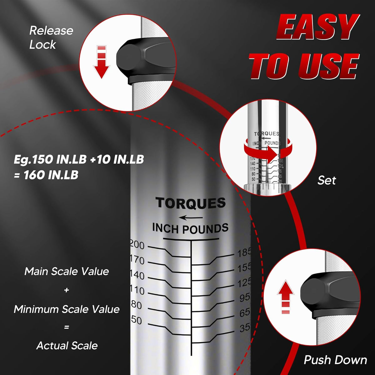 Size comparison diagram showing the compact design of the 1/4-inch drive torque wrench