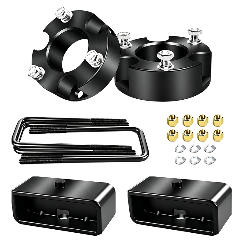 The kit raises the front of your truck by 3 inches and the rear of your car by 2 inches