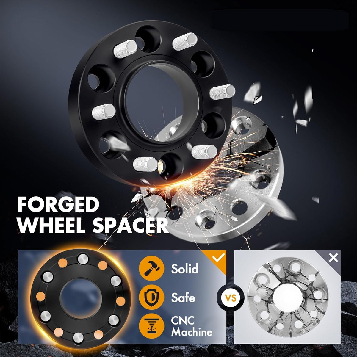 Side view profile showing the precise 1.5-inch thickness and machining quality of a forged aluminum Vypart wheel spacer