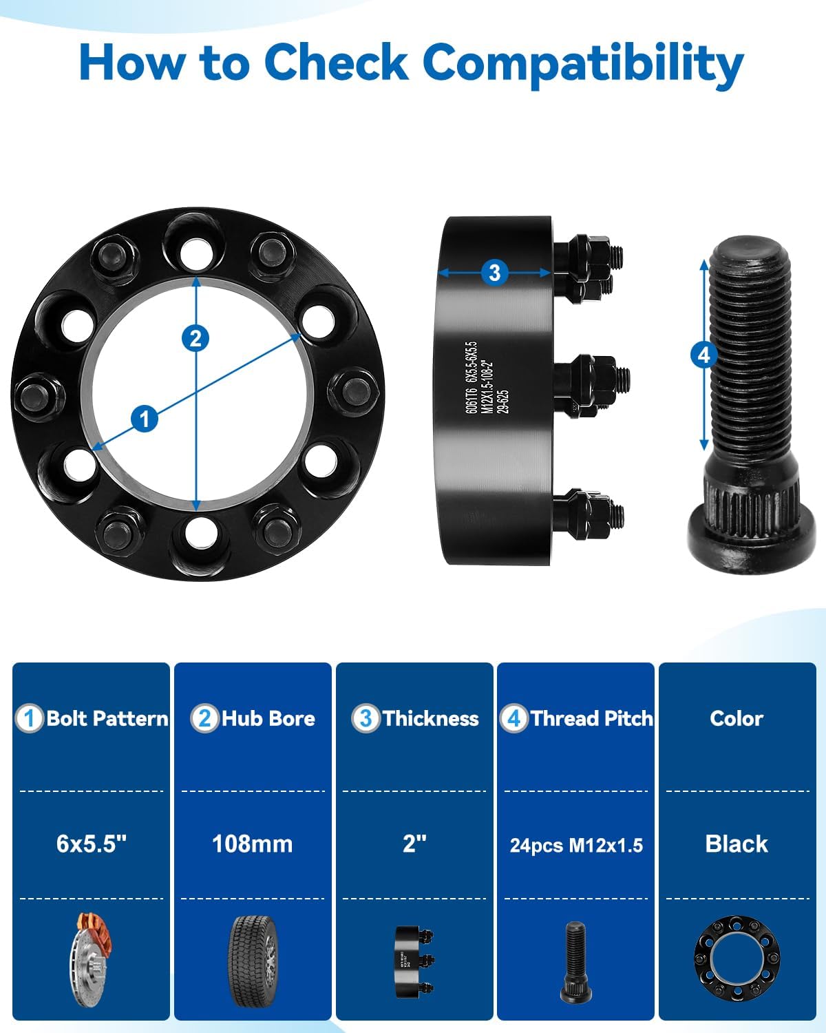 Graphic indicating truck and SUV models with a 108mm hub bore that are compatible with this Vypart forged spacer kit