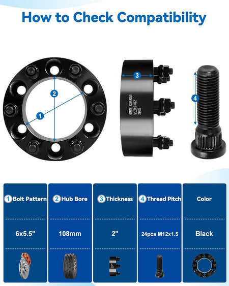 Graphic indicating truck and SUV models with a 108mm hub bore that are compatible with this Vypart forged spacer kit