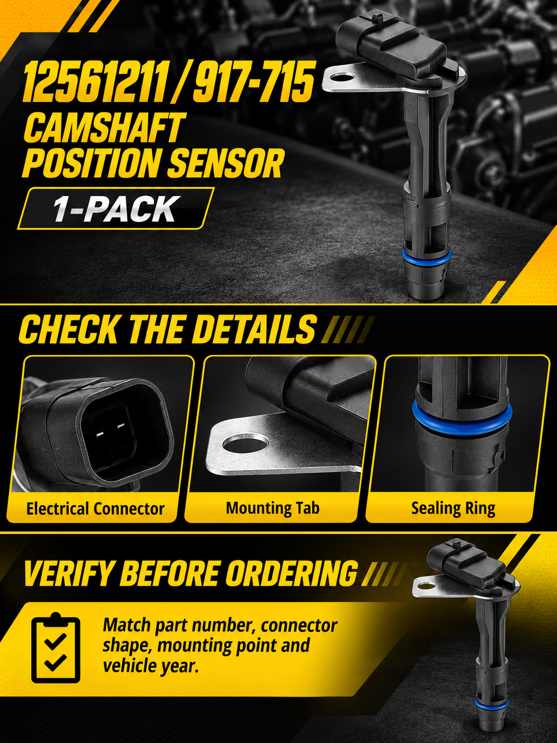 Vypart 12561211 917-715 camshaft position sensor A+ guide with connector, mounting tab, sealing ring and part number check
