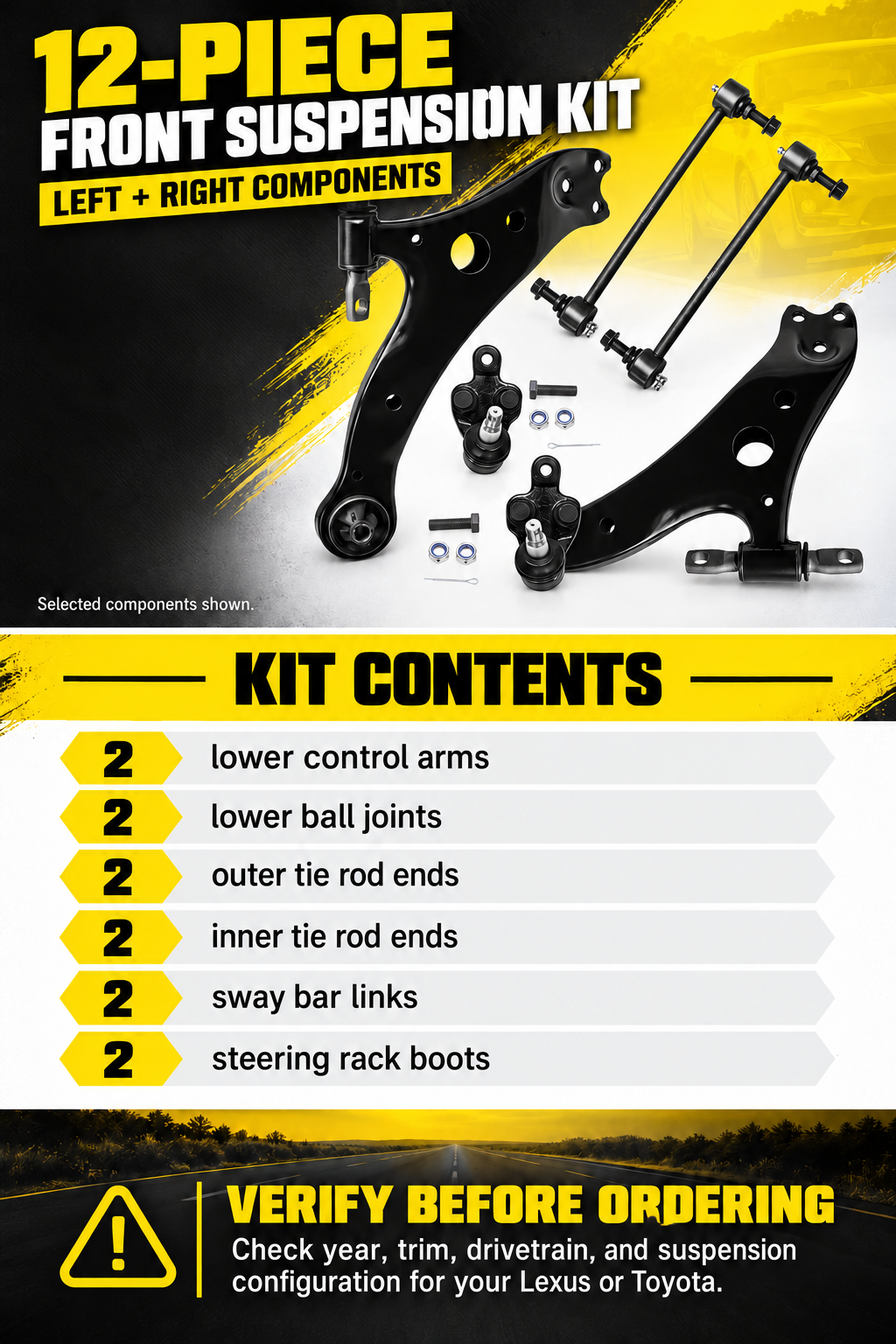 Three-section Vypart 12-piece front suspension kit guide listing two each of lower control arms, lower ball joints, outer and inner tie rods, sway bar links and steering rack boots