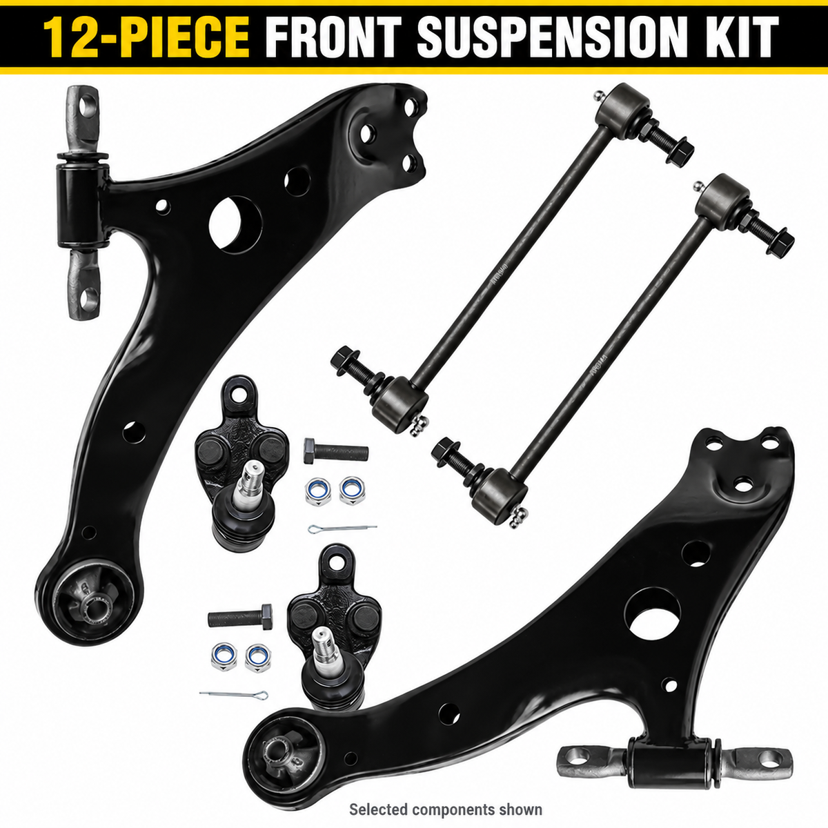 Vypart 12-piece Lexus and Toyota front suspension kit, selected control arms, ball joints and sway bar links shown