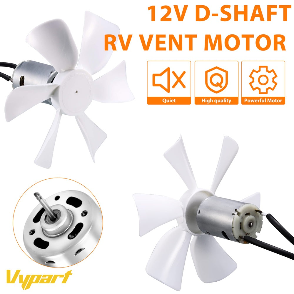 Close-up detail shot of the powerful 12V motor and aerodynamic fan blades inside the Vypart RV vent fan
