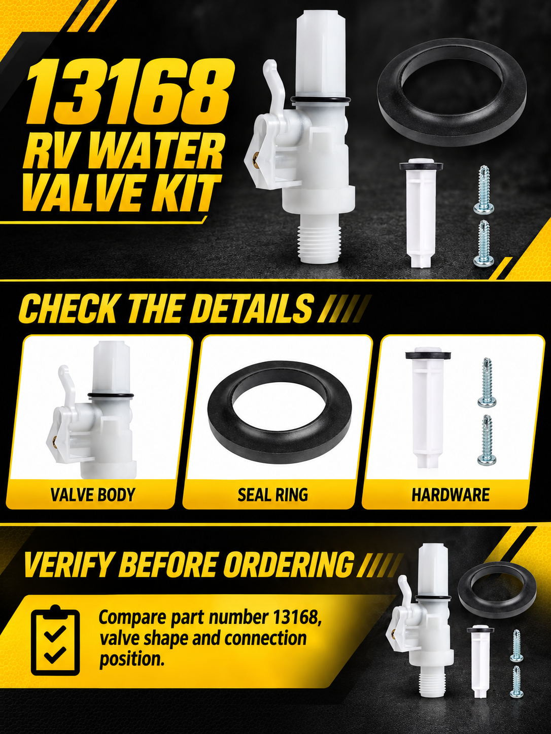Vypart 13168 RV water valve kit A+ guide showing valve body, seal ring, insert and screws