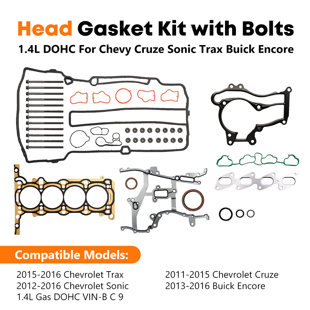 1.4L DOHC Head Gasket Kit with Bolts Compatible Models – 2011-2015 Chevrolet Cruze, 2012-2016 Chevrolet Sonic, 2015-2016 Chevrolet Trax, 2013-2016 Buick Encore, 1.4L Gas DOHC VIN-B C 9