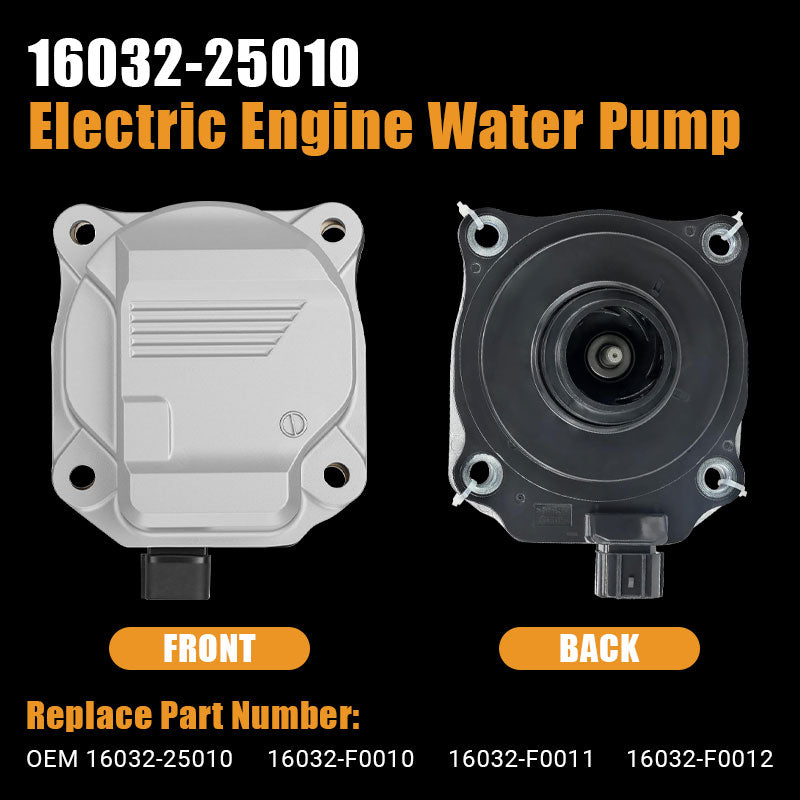 Vypart 16032-25010 electric water pump front and back angle view, matching OEM numbers 16032-F0010, F0011, and F0012 to guarantee a precise, hassle-free fit for your specific vehicle model.