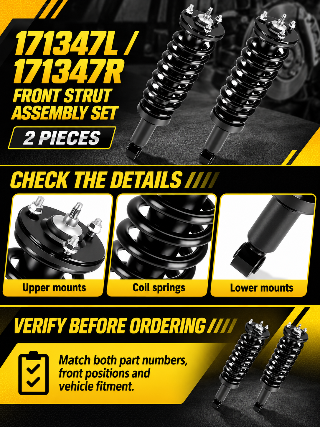 Vypart 171347L and 171347R front strut assembly pair A+ guide showing upper mounts, coil springs, lower mounts and fitment check