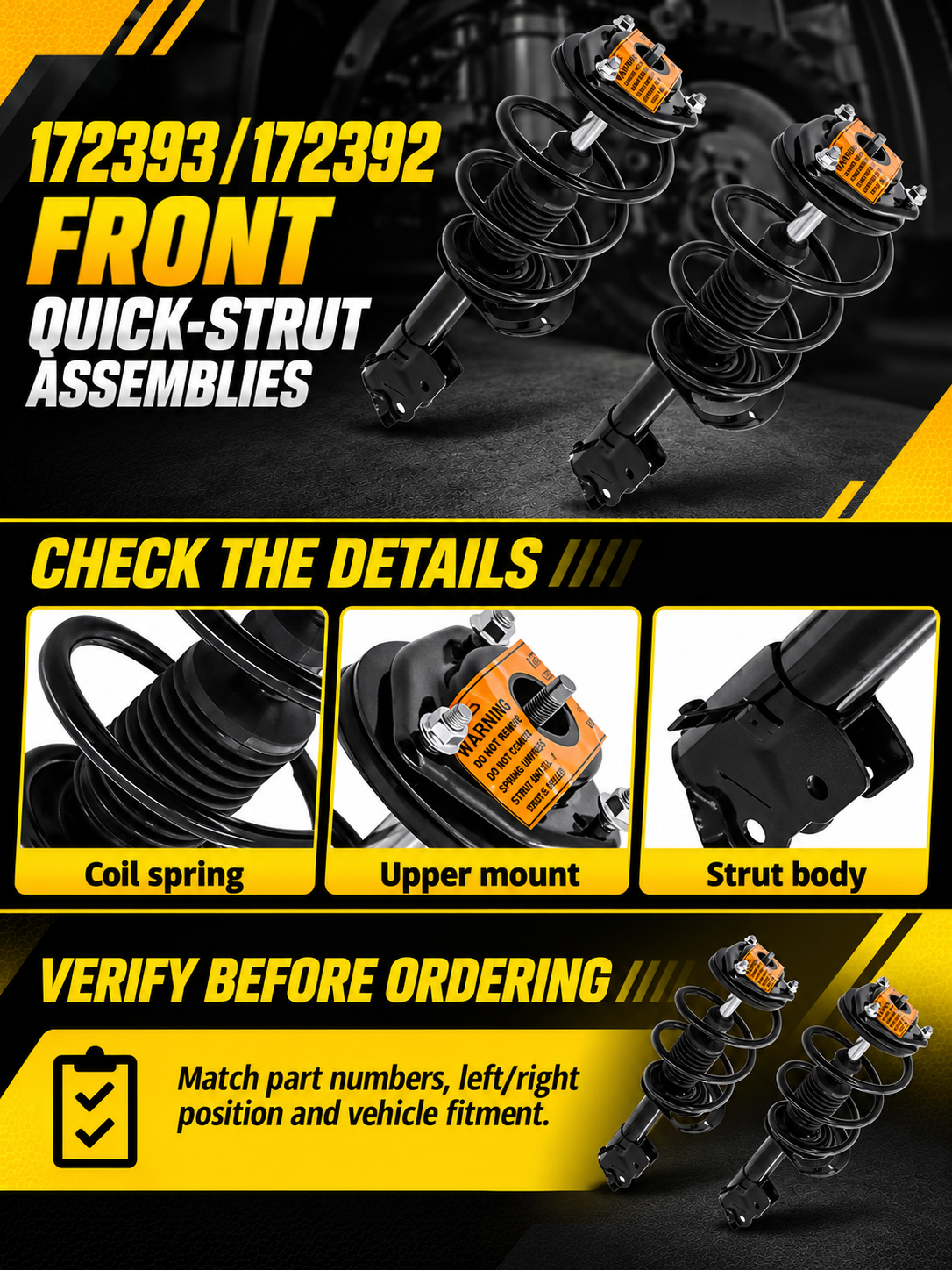 Vypart 172393 and 172392 front quick-strut assemblies A+ guide showing coil spring, upper mount, strut body and fitment checks