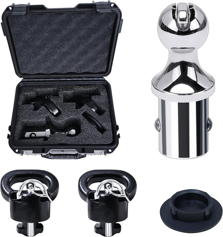 Close-up detail of the heavy-duty 2-5/16-inch gooseneck ball and the integrated safe lock anchor mechanism on the Vypart 60618 kit