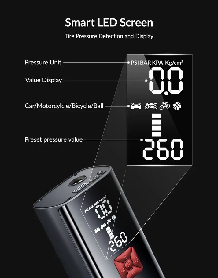 Vypart 2-in-1 wireless electric pump in use, inflating a car tire with preset pressure setting